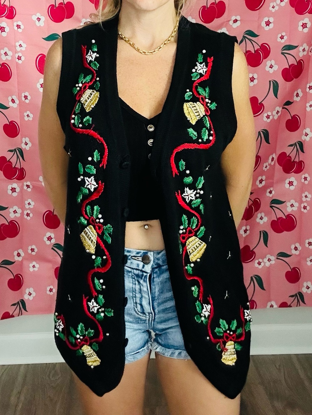 Victoria Jones Woman Black Embroidered Holiday Vest with Red & Green Accents